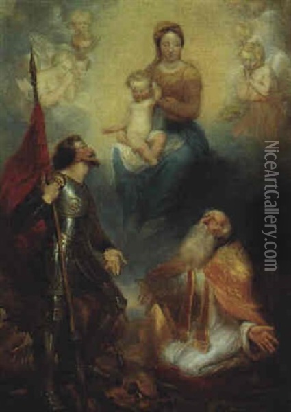 Die Madonna Mit Dem Kind Und Engeln Erscheint Dem Heiligen Georg Und Einem Heiligen Bischof Oil Painting - Anton Raphael Mengs