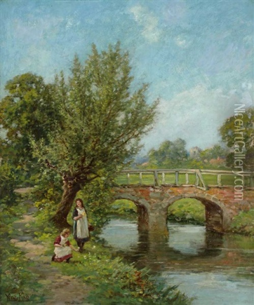 Fruhlingslandschaft Mit Steinerner Brucke Uber Bachlauf Und Blumen Pfluckenden Madchen Am Weg Oil Painting - Henry John Yeend King