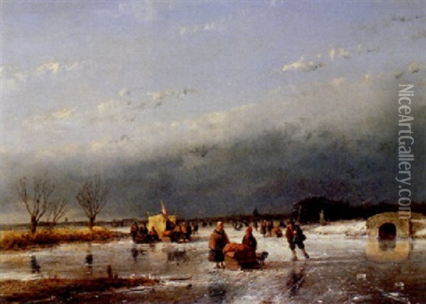 A Winter Landscape With Skaters And A Koek En Zopie On A Frozen River Oil Painting - Andreas Schelfhout