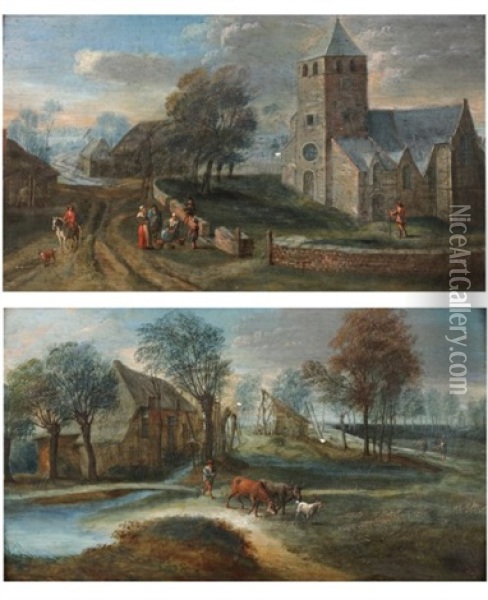 Personnages Devant Une Eglise (+ Le Vacher; Pair) Oil Painting - Andreas Martin