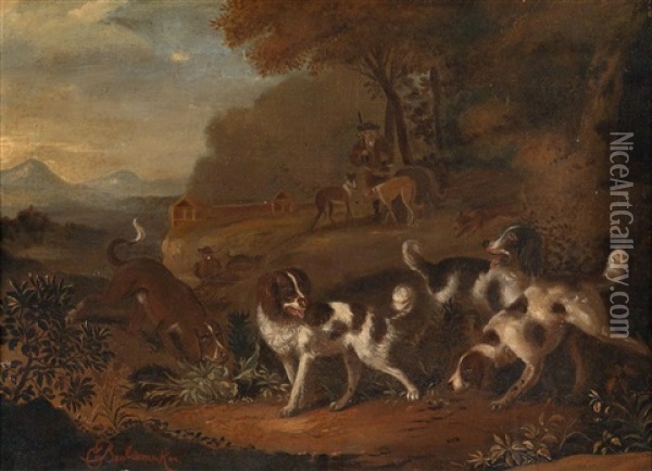 Zwei Landschaften Mit Jagdhunden Oil Painting - Cornelis Beeldemaker