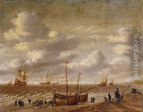 Figures On The Beach With Ships And Fishermen Oil Painting - Willem van Diest