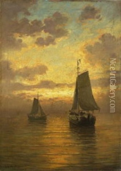 Zwei Fischerboote In Der Abenddammerung Oil Painting - Hendrik Willem Mesdag