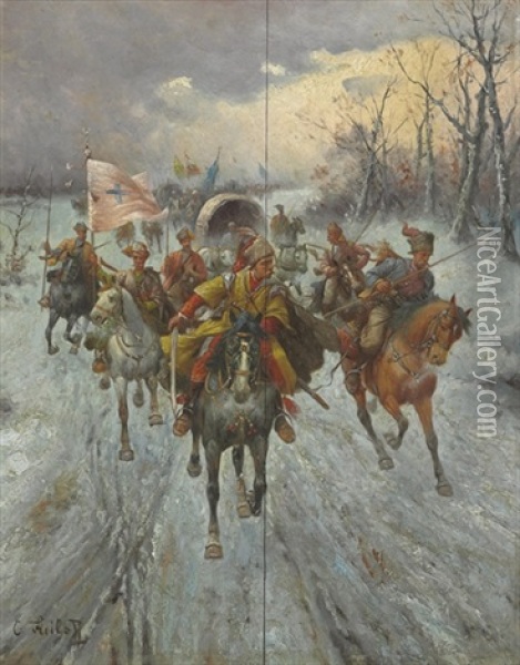 The Cossack Stampede Oil Painting - Adolf (Constantin) Baumgartner-Stoiloff