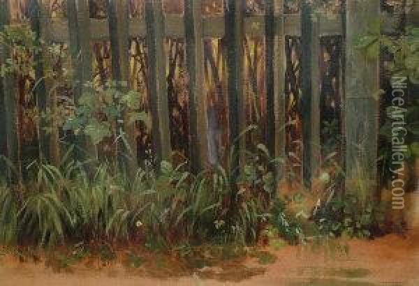 Attributed To George Adolphus Storey Ra -- Study Of Foliage By A Wooden Garden Fence Oil Painting - George Adolphus Storey