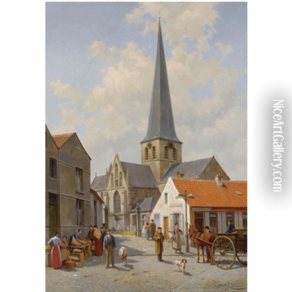 Figures On A Market Place At The Church Of Sint Kwintens Lennik, Belgium Oil Painting - Jacques Francois Carabain