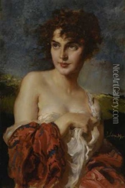 Junge Frau Mit Rotem Schal Oil Painting - Leopold Schmutzler