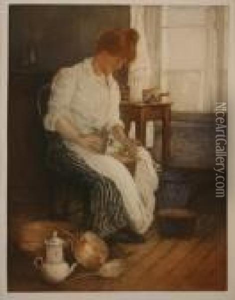 Woman Grinding Coffee Within A Kitchen Interior Oil Painting - Manuel Robbe