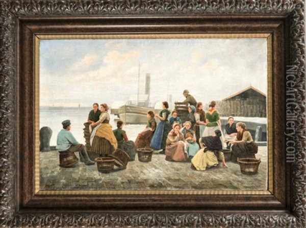 Vielfigurige Hafenszene Mit Auf Die Ankunft Der Fischer Wartenden Frauen Oil Painting - Wilhelm Giessel