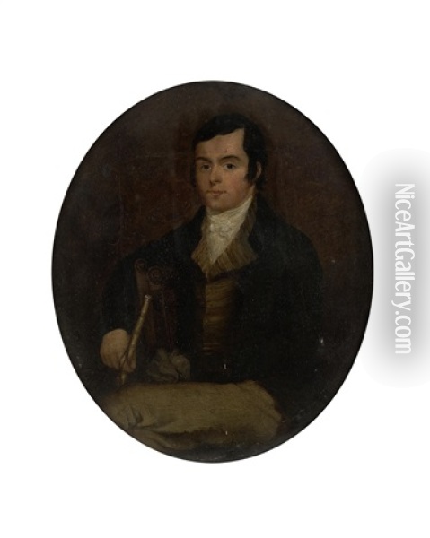 Three-quarter Length Portrait Of The Poet Robert Burns Seated, Holding A Silver-tipped Cane Oil Painting - Alexander Nasmyth