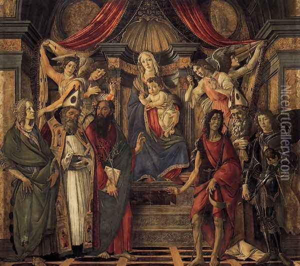 The Virgin and Child with Four Angels and Six Saints (Pala di San Barnaba) 1488 Oil Painting - Sandro Botticelli