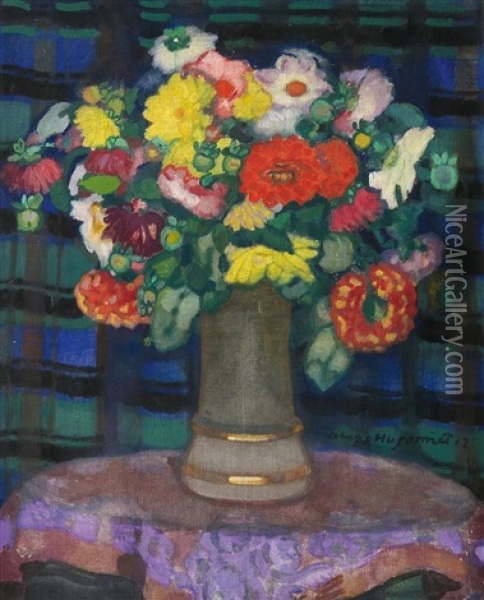 Blumenstillleben (+ Frau In Tracht, Study, Verso) Oil Painting - Aloys Hugonnet