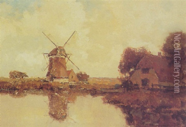 Mill In A Polder Landscape Oil Painting - Gerard Delfgaauw