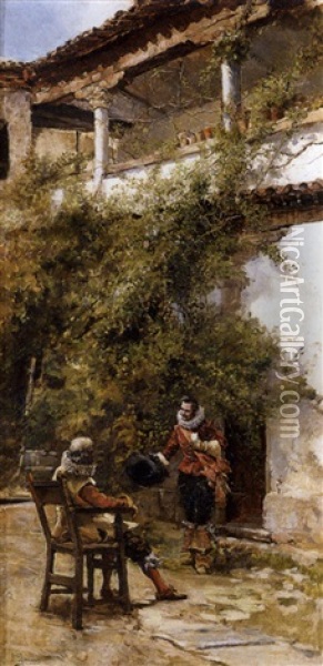 Mosqueteros En Patio Oil Painting - Jose Llaneces