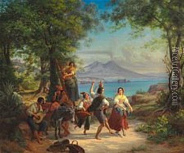 Italian Orange Pickers, Dancing And Playing Music At The Bay Of Naples Oil Painting - Frederik Ludwig Storch