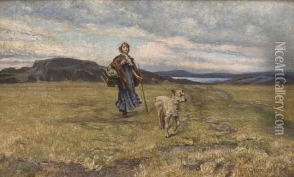 Walking Girl With A Dog Oil Painting - Marcus Gronvold