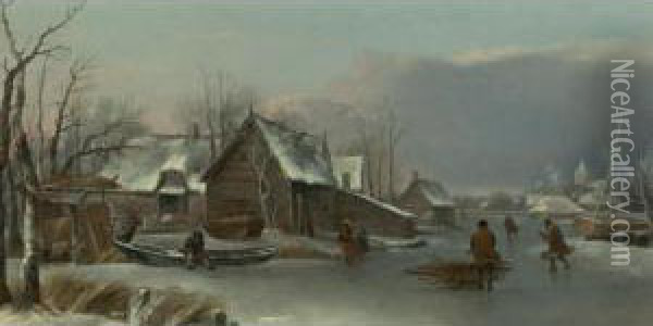 A Winter Landscape With Figures On A Frozen Inlet Oil Painting - Hendrick Dubbels