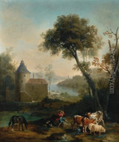 Pastorale Avec Un Chateau A L'arriere Plan Oil Painting - Jean-Baptiste Oudry