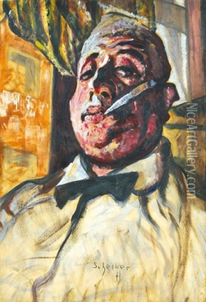 Self-portrait With A Bow-tie Oil Painting - Hugo Scheiber