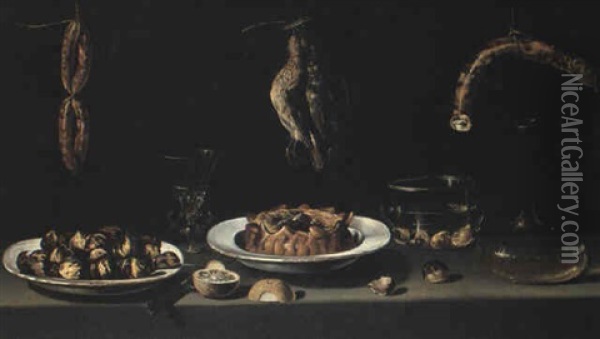 Figs And A Pie In Bowls With A Wineglass, Sausages And Hanging Dead Birds Oil Painting - Juan Van Der Hamen Y Leon