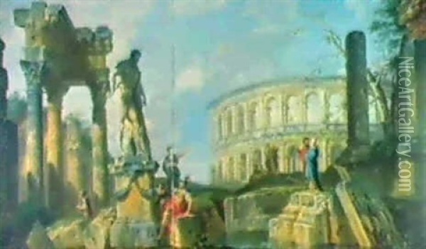 A) Capriccio Romano Con L'er- Cole Farnese; B) Capriccio    Romano Con Una Statua Dei Dioscuri... Oil Painting - Giovanni Paolo Panini