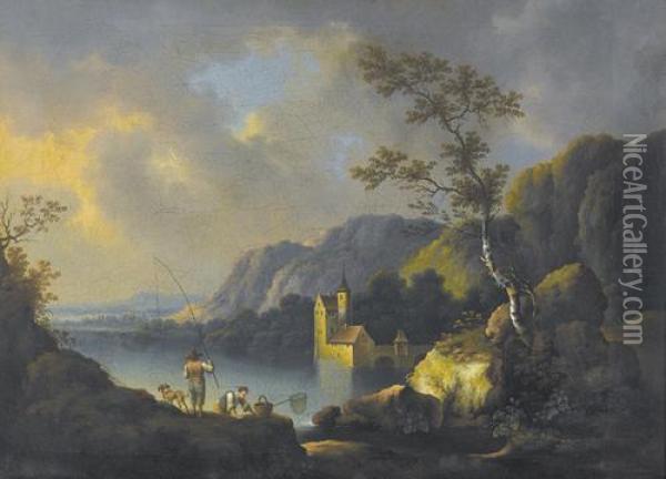 Seelandschaft Mit Fischern Und Einer Wasserburg. Oil Painting - Daniel Duringer