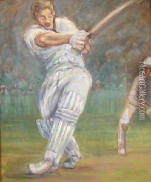 'boundary' Portrait Of The Legendary Cricketer Ian Botham Batting A Ball To The Boundary Oil Painting - Jean Mayne