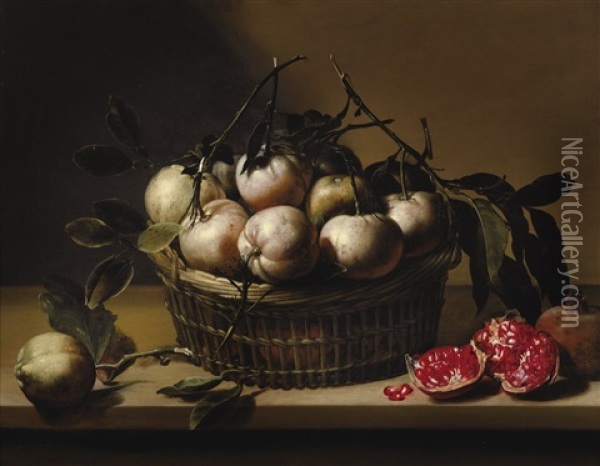 Nature Morte Au Panier De Bigarades Et Grenades Sur Un Entablement Oil Painting - Louise Moillon