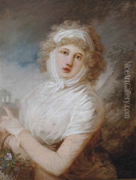 Portrait Of A Lady, Three-quarter-length, In A Cream And White Dress, A Basket Of Flowers On Her Left Arm Oil Painting - Sir John Hoppner