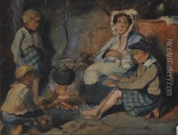 Family At The Fireside Oil Painting - William Simson