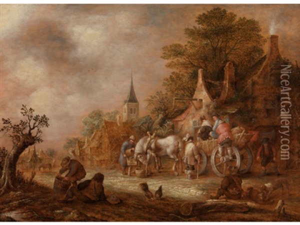 Fuhrwerk Bei Der Rast In Einem Niederlandischen Dorf Oil Painting - Isaac Van Ostade