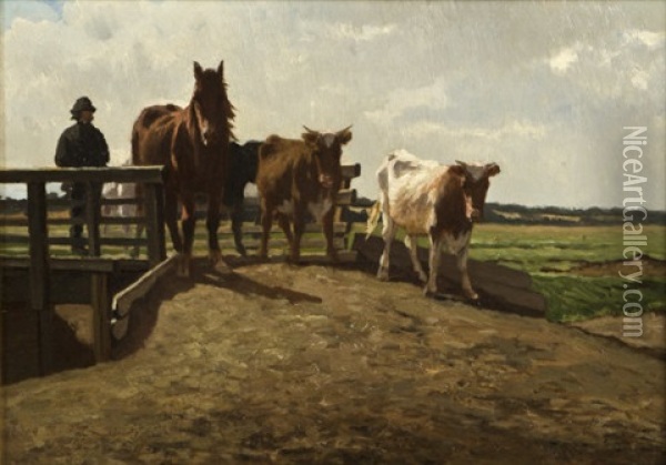 A Drover With A Horse And Cattle Crossing A Bridge, Evening Oil Painting - Augustus Nicholas Burke