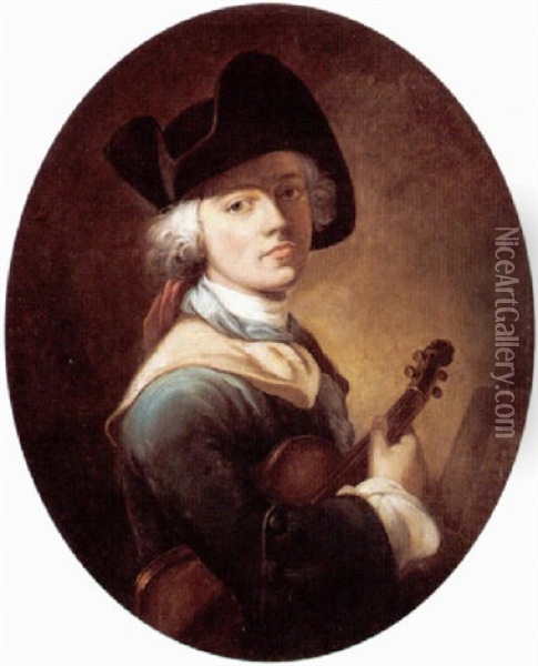 Portrait Of A Young Man Wearing A Tricorn Hat, Holding A Violin Oil Painting - Nicolas Bernard Lepicie