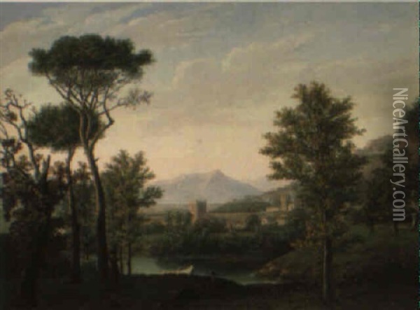 Landscape In The Roman Campagna, With A Shepherd Resting In The Foreground Oil Painting - Jean Baptiste Pillement