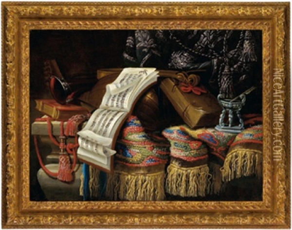 Stillleben Mit Einem Teppich, Musikinstrumenten, Buchern Und Einem Tintenfass Oil Painting - Jacques Hupin