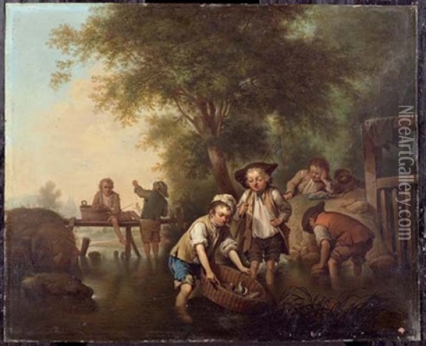 Angelnde Buben Am Fluss Oil Painting - Johann Conrad Seekatz