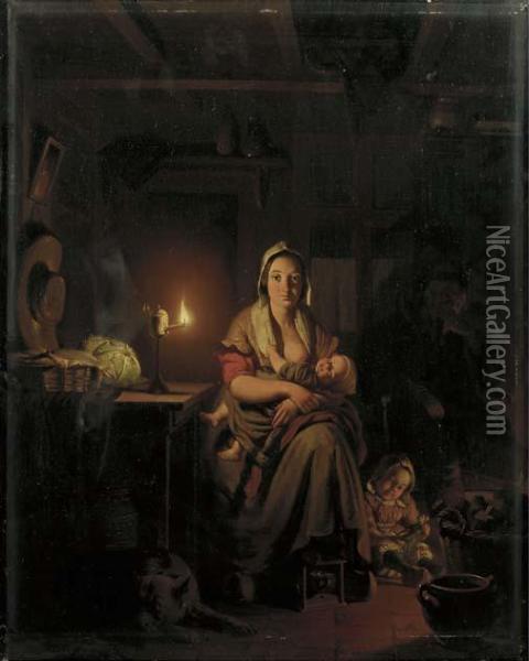 Domestic Happiness: A Scheveningen Interior Oil Painting - Petrus van Schendel