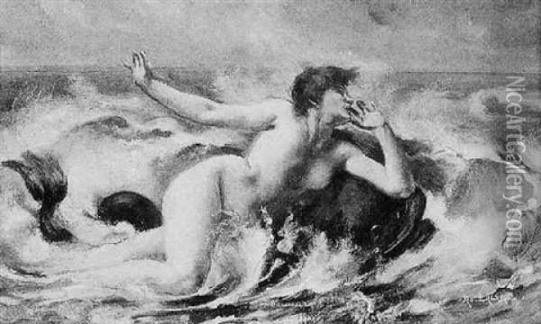 Naiade Et Dauphins Dans La Vague Oil Painting - Adolphe Lalire LaLyre