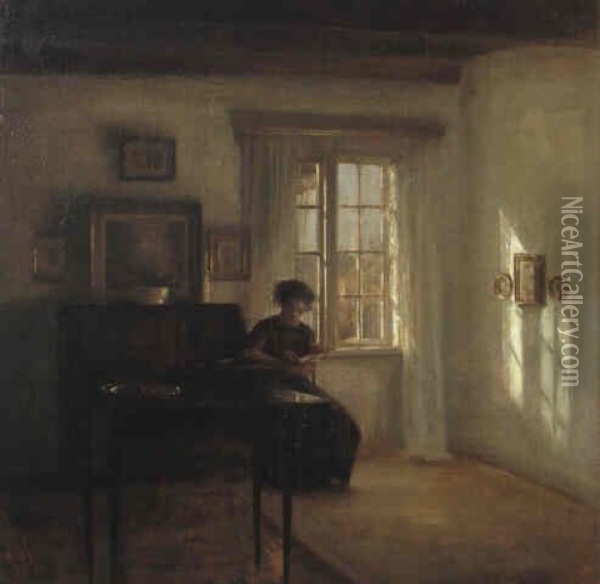 Interior Med Lasande Ung Kvinna Oil Painting - Carl Vilhelm Holsoe