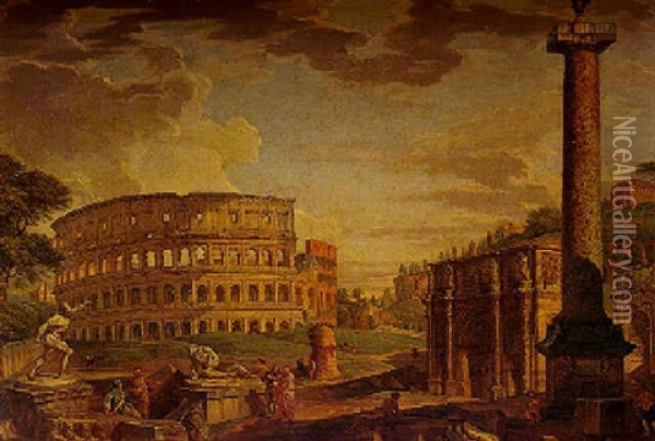 Capriccio View Of The Coliseum And Arch Of Constantine Near The Roman Forum Oil Painting - Giovanni Paolo Panini