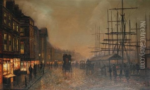 A Harbourside At Night, Believed To Be Liverpool Oil Painting - Walter Linsley Meegan