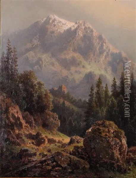 An Alpine Landscape With A Ruined Castle Oil Painting - Charlotte Piepenhagen