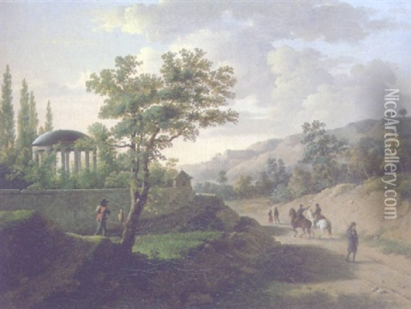 A Landscape With Travelers On A Road And A Rotunda In A Walled Garden Oil Painting - Martin Droelling