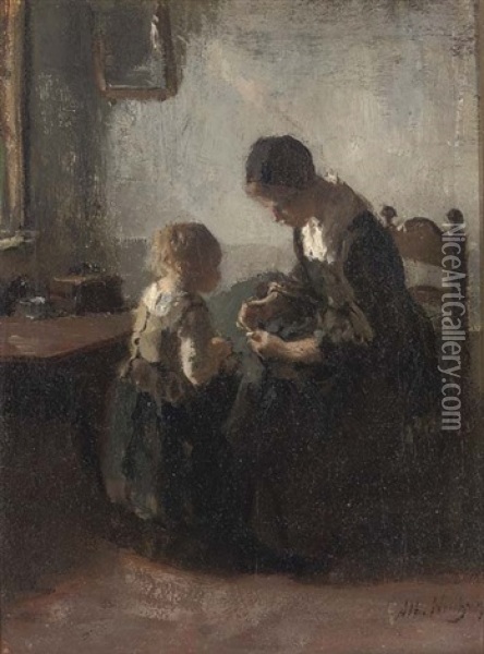The First Lesson Oil Painting - Albert Johan (Jan) Neuhuys