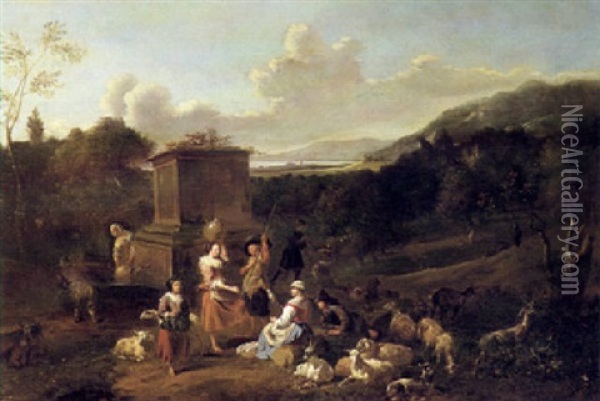 Italianate Landscape With Shepherds And Shepherdesses       Resting Near A Well Oil Painting - Hendrick Mommers