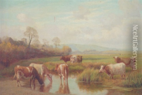 Cattle Watering Before A Village Oil Painting - William Sidney Cooper