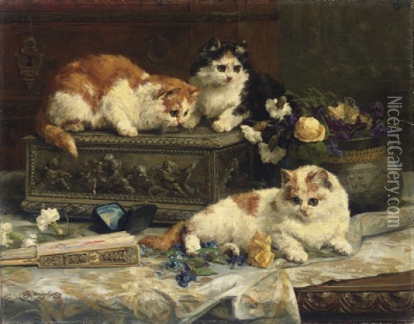 The Three Kittens Oil Painting - Charles van den Eycken I