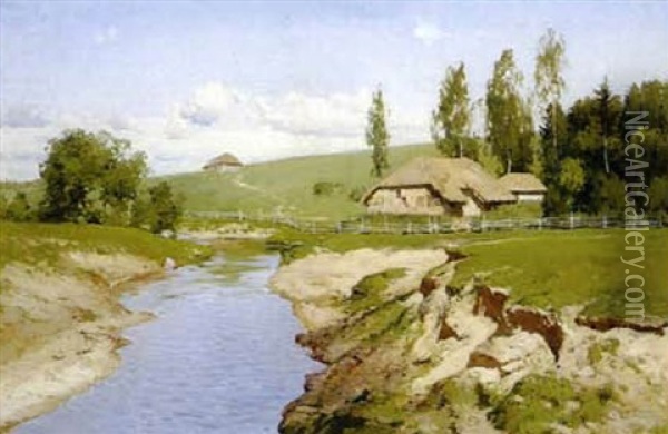 Thatched Cottages Along A Stream Oil Painting - Andrej Nikolajevich Schilder