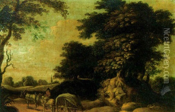 A Peasant With A Horse-drawn Cart On A Wooded Track, A Village Beyond Oil Painting - Guillam Dubois