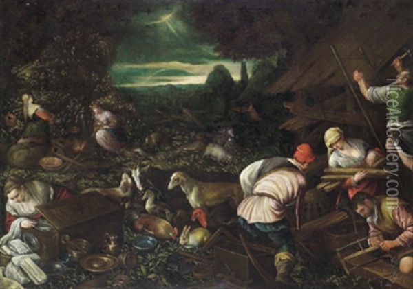 Noe E Sua Famiglia, Che Fanno L'arca Per Il Diluvio Universale Oil Painting - Leandro da Ponte Bassano